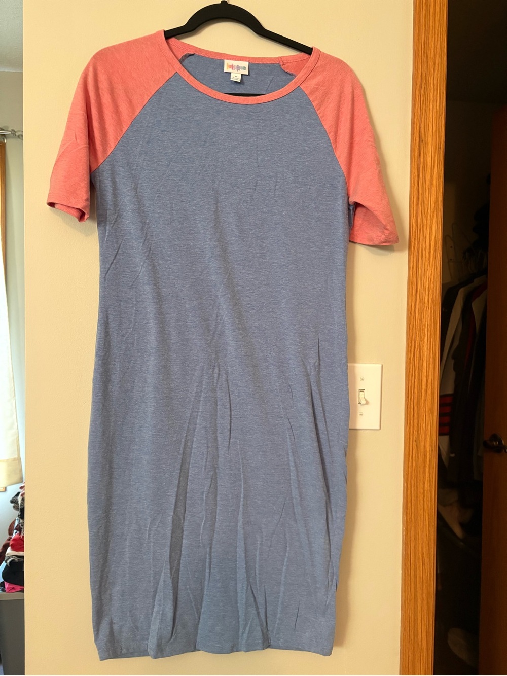 Lularoe Medium Julia Colorblock Raglan T-Shirt Dress - Blue with Pink Sleeves